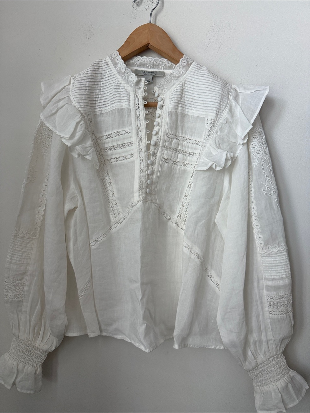 Allsaints Heather Embroidered Eyelet Blouse in White Size 8 - Picture 7 of 16